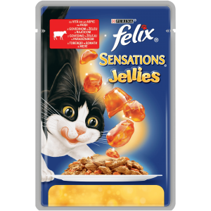 PURINA® FELIX® Sensations за котки в зряла възраст, Говеждо и Домати с Ароматно Желе, Мокра храна, Пауч, 85 гр.