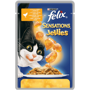 PURINA® FELIX® Sensations за котки в зряла възраст, Пиле и Моркови с Ароматно Желе, Мокра храна, Пауч, 85 гр.