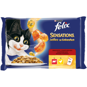 PURINA® FELIX® Sensations за котки в зряла възраст, Вкусове от Фермата с Ароматно Желе, Мокра храна,Пауч, Мултиопаковка 4х85 гр.