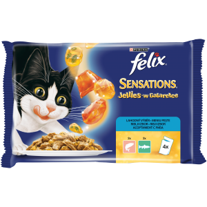 PURINA® FELIX® Sensations за котки в зряла възраст, Асортимент с Риба с Ароматно Желе, Мокра храна,Пауч, Мултиопаковка 4х85 гр.