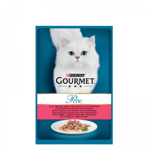 PURINA® GOURMET®  Perle Котки в зряла възраст,Печено месо в Сос, Пъстърва и Спанак 85g