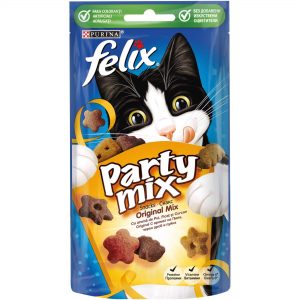 PURINA® FELIX® PARTY MIX Original Mix допълваща храна – лакомство с аромат на пиле, черен дроб и пуйка, 60g