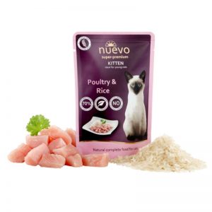 Nuevo Chicken Kitten - с пилешко месо и ориз, пълноценна храна за подрастващи котки. Пауч от 85g.
