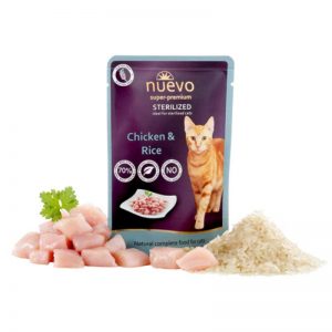 Nuevo Chicken Sterilized - Пълноценна храна за израснали кастрирани котки котки / със склонност към затлъстяване. Пауч от 85g.