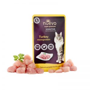 Nuevo Turkey Sensitive - с пуйка, за котки с хранителни и кожни алергии. Пълноценна, монопротеинна храна за израснали котки. Пауч от 85g.