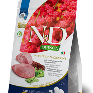 N&D Quinoa Weight Management Lamb, Broccoli Medium & Maxi – пълноценна храна с киноа за кучета в зряла възраст над 1г. за средни и едри породи за контрол на теглото с агнешко и броколи