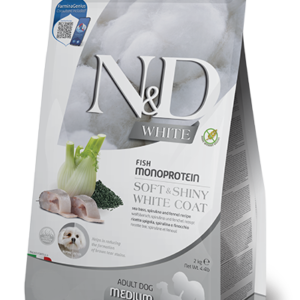 N&D White Dog Sea Bass, Spirulina and Fennel Adult Medium & Maxi – монопротеинова суха храна за кучета с бяла козина от средни и едри породи с лаврак, спирулина и фенел 7 кг.