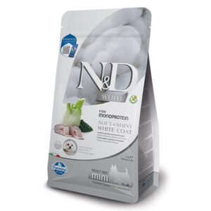 N&D White Dog Sea Bass, Spirulina and Fennel Adult Mini – монопротеинова суха храна за кучета с бяла козина от мини породи с лаврак, спирулина и фенел